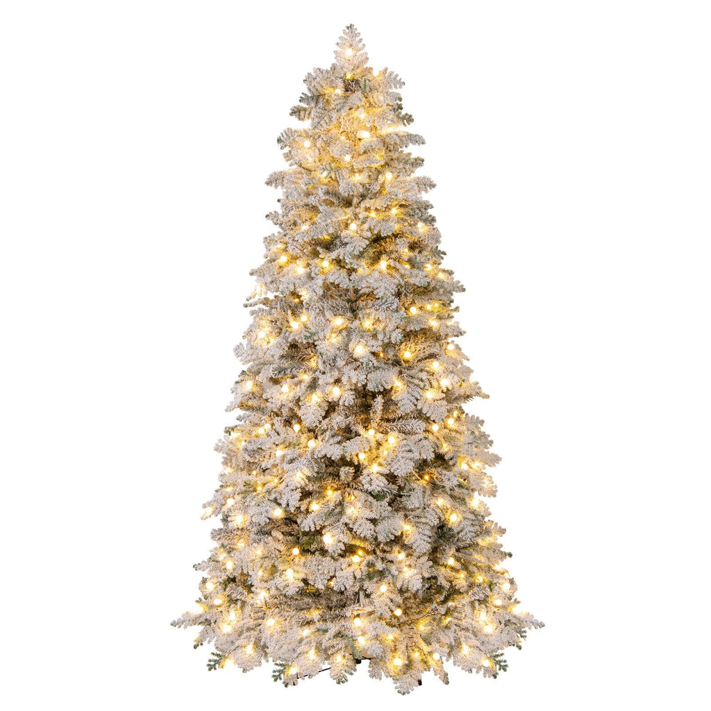 6/7 Feet Artificial Snow-flocked Christmas Tree Pre-lit Hinged Xmas Tree with 130 Twinkle Balls-7 Feet