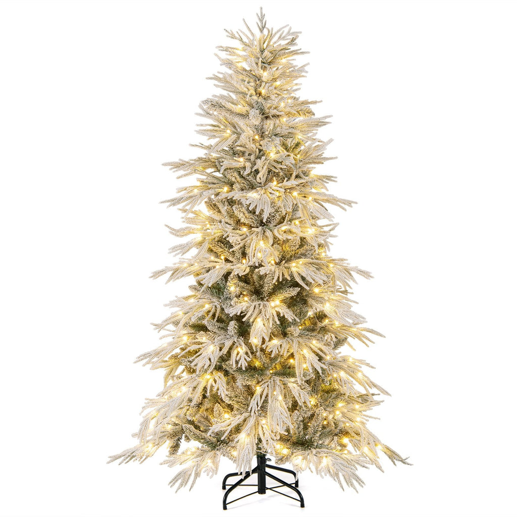 7 Feet Snow-flocked Artificial Christmas Tree Pre-lit Hinged Xmas Tree with Warm White LED Lights