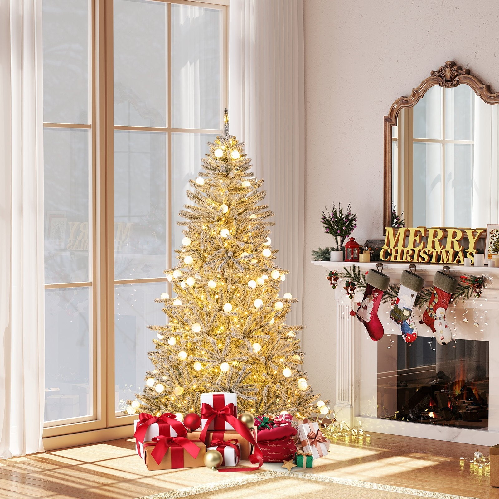 6 Feet Snow-flocked Artificial Christmas Tree Pre-lit Hinged with 81 Sphere Lights and Remote