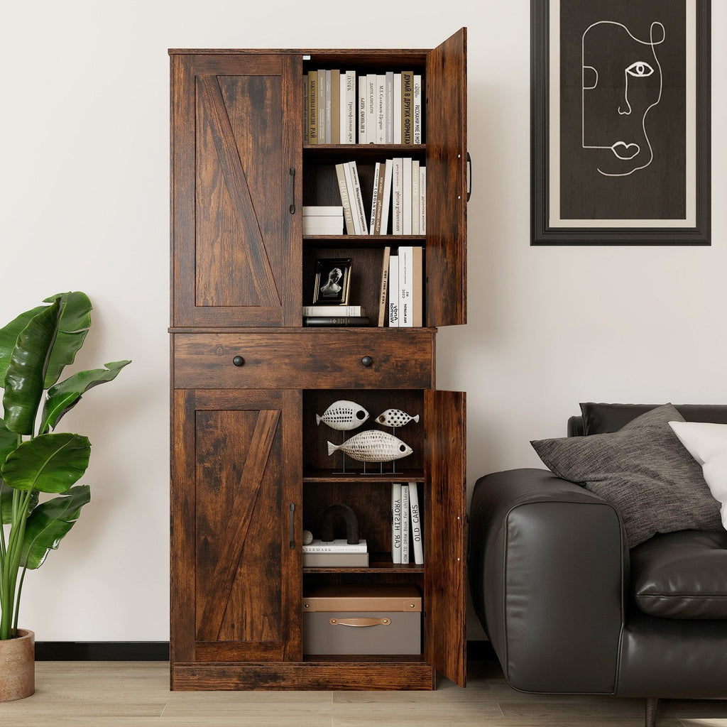 72 Inch Tall Modern Farmhouse Cupboard Cabinet with 4 Barn Doors-Coffee