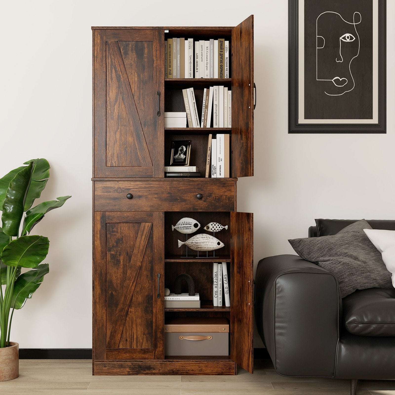 72 Inch Tall Modern Farmhouse Cupboard Cabinet with 4 Barn Doors-Coffee