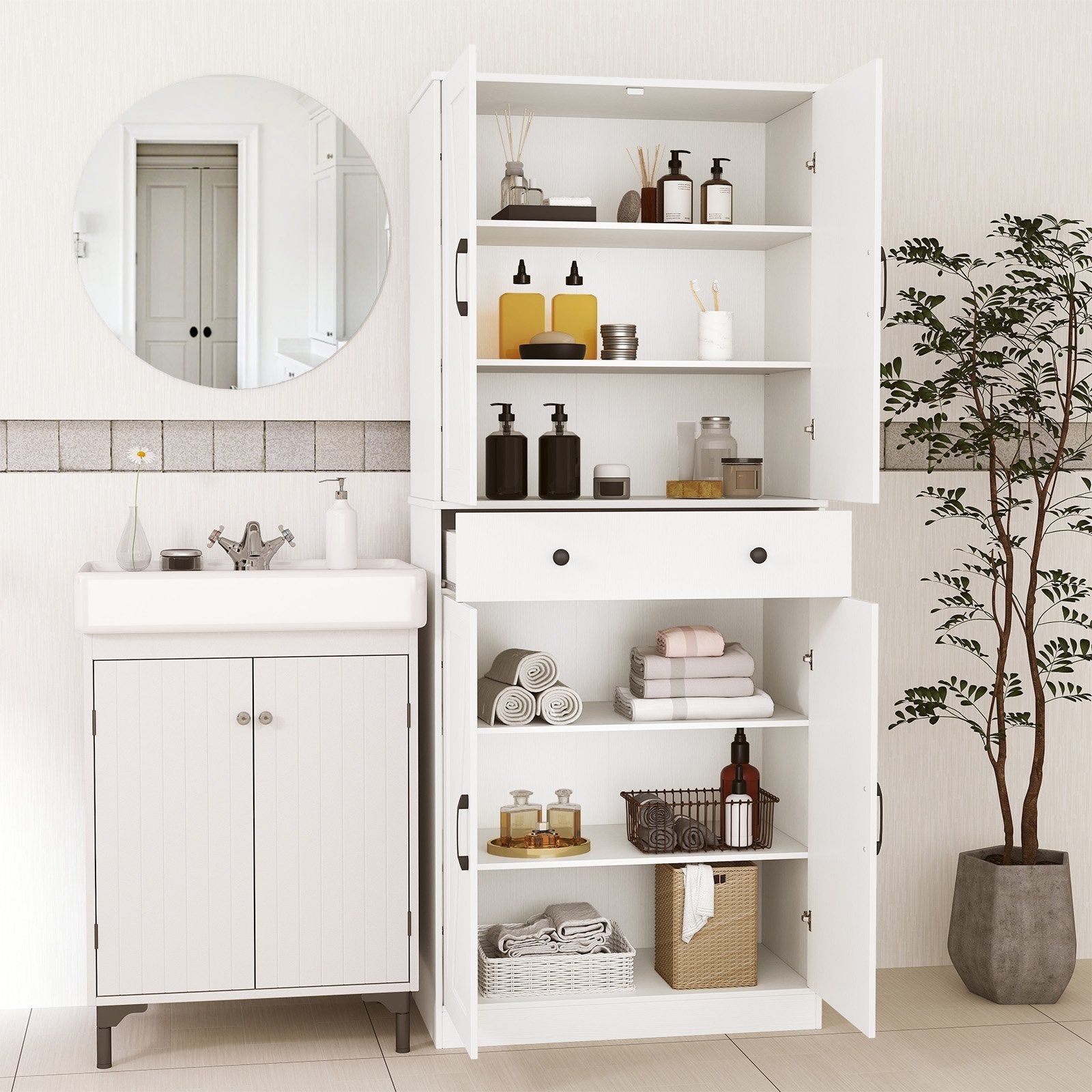 72 Inch Tall Modern Farmhouse Cupboard Cabinet with 4 Barn Doors-Coffee