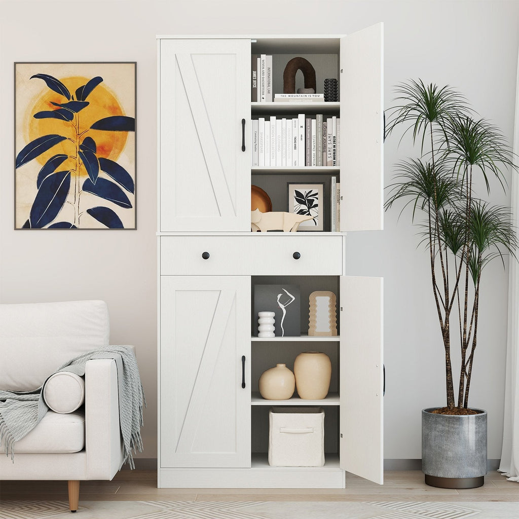 72 Inch Tall Modern Farmhouse Cupboard Cabinet with 4 Barn Doors-Coffee