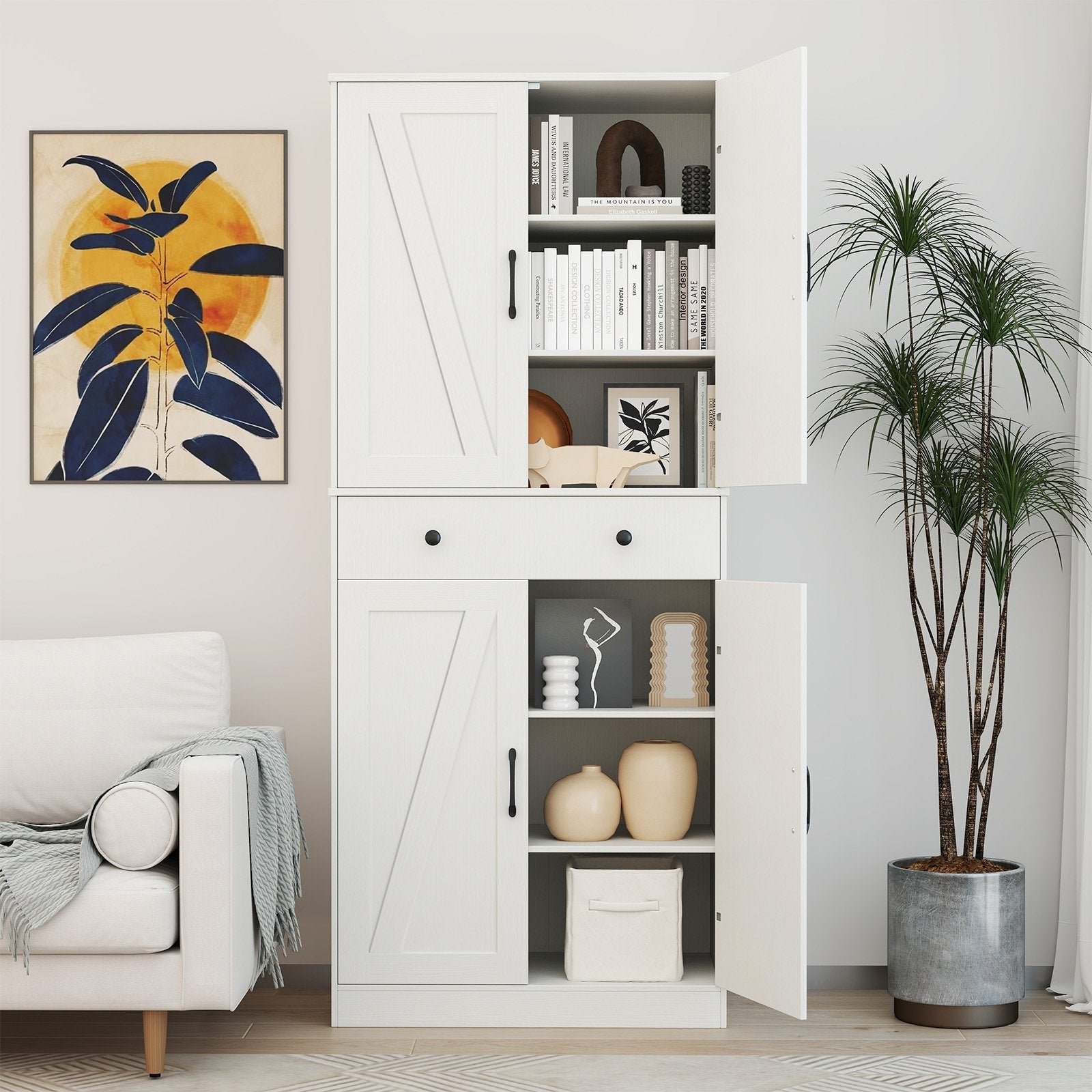 72 Inch Tall Modern Farmhouse Cupboard Cabinet with 4 Barn Doors-Coffee