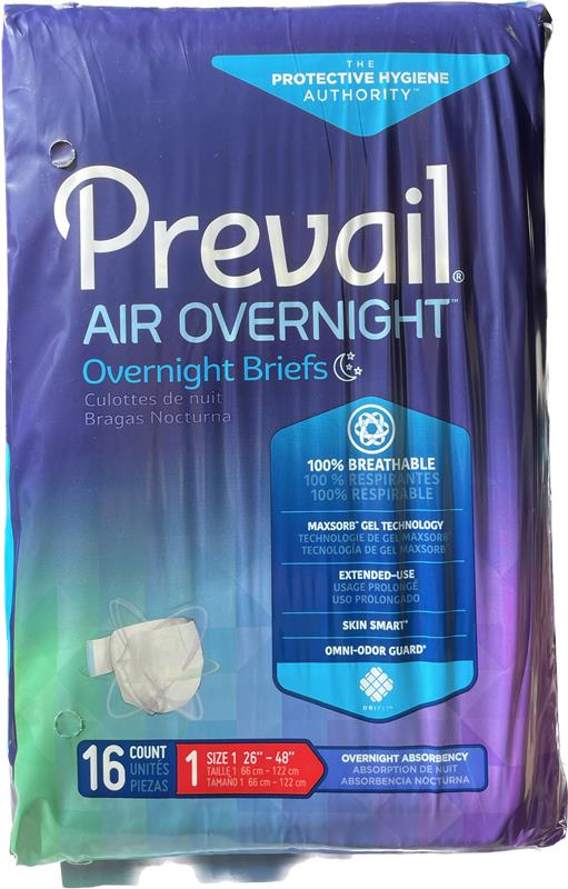 Prevail Air Overnight Briefs Size 1, 20 count Adult Diapers