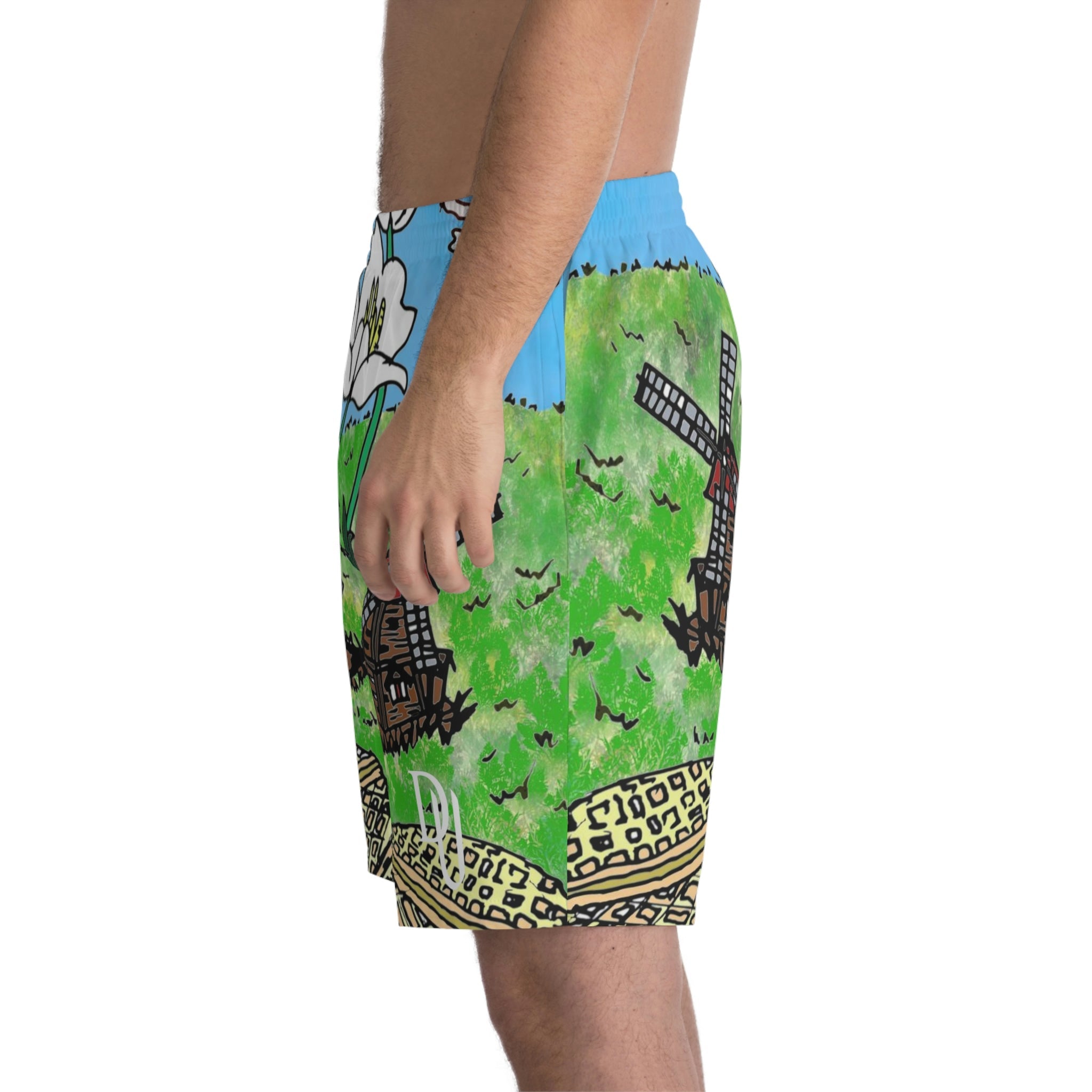 Relaxed fit polyester Beach Shorts-windmill allover print