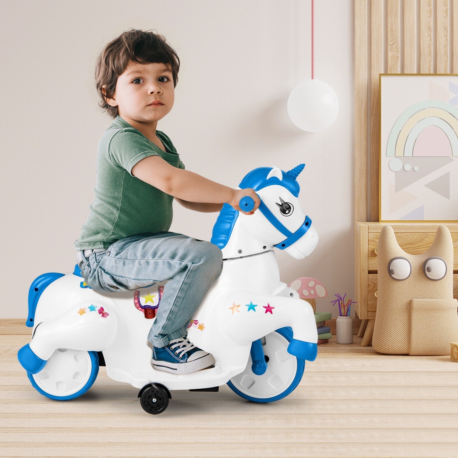 12V Unicorn Ride on Toy with Training Wheels and Horse Riding Mode-Multicolor