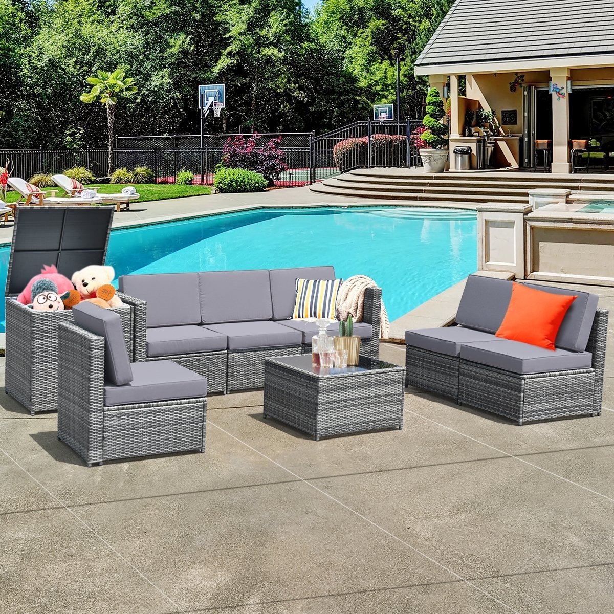 8 Piece Wicker Sofa Rattan Dinning Set Patio Furniture with Storage Table-Black