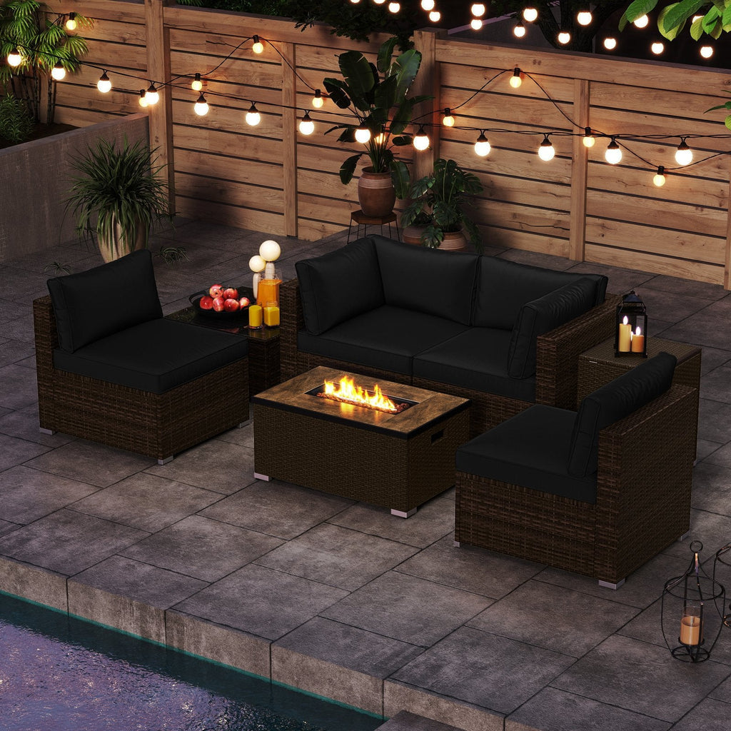 7 Pieces Outdoor Furniture Set with 32 Inch Fire Pit Table and Propane Tank Cover-Black