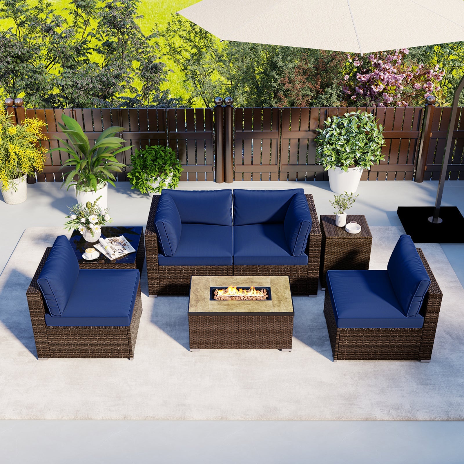 7 Pieces Outdoor Furniture Set with 32 Inch Fire Pit Table and Propane Tank Cover-Black