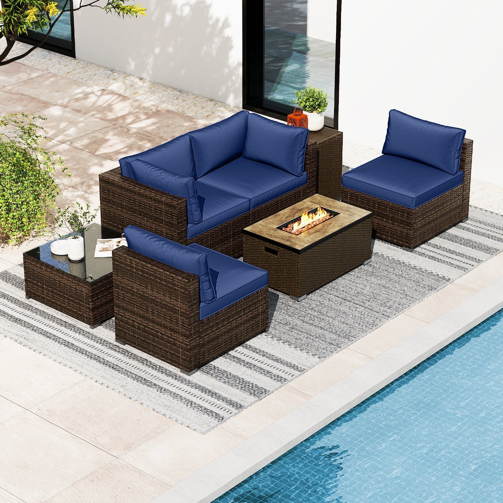 7 Pieces Outdoor Furniture Set with 32 Inch Fire Pit Table and Propane Tank Cover-Black