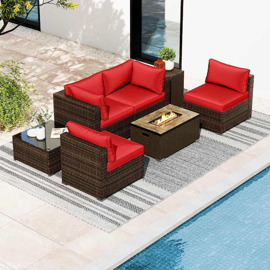 7 Pieces Outdoor Furniture Set with 32 Inch Fire Pit Table and Propane Tank Cover-Black