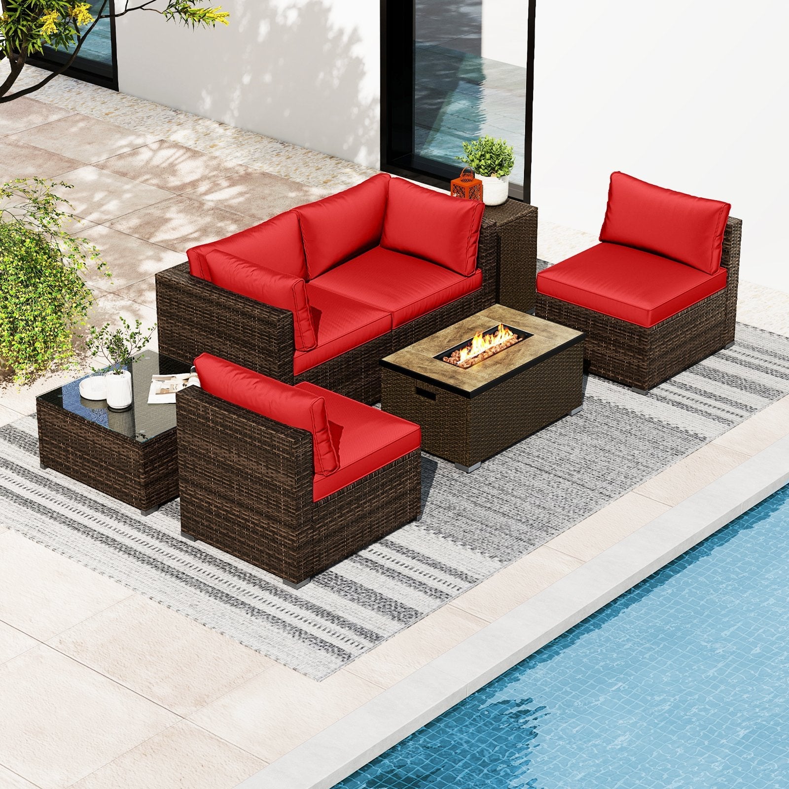 7 Pieces Outdoor Furniture Set with 32 Inch Fire Pit Table and Propane Tank Cover-Black