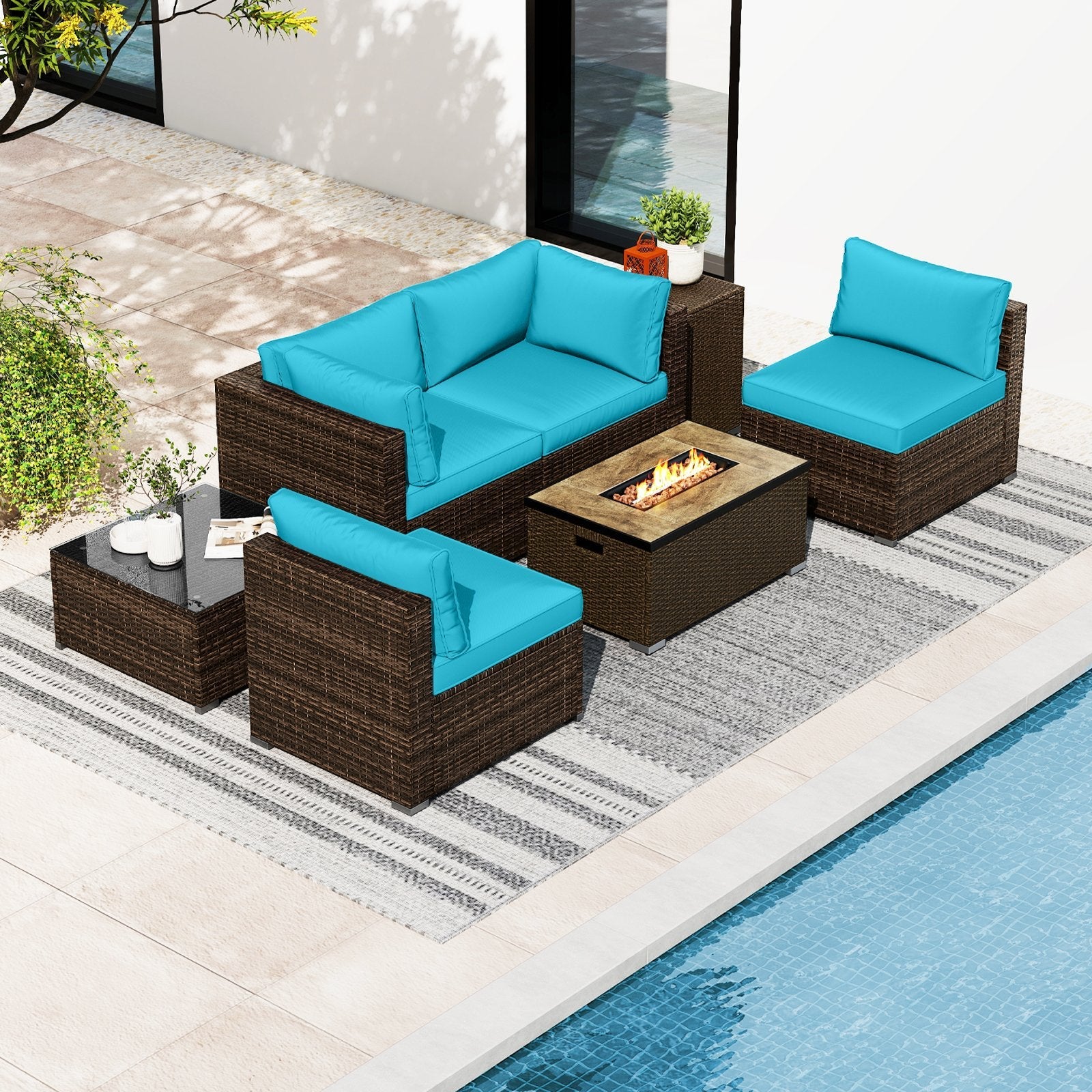 7 Pieces Outdoor Furniture Set with 32 Inch Fire Pit Table and Propane Tank Cover-Black