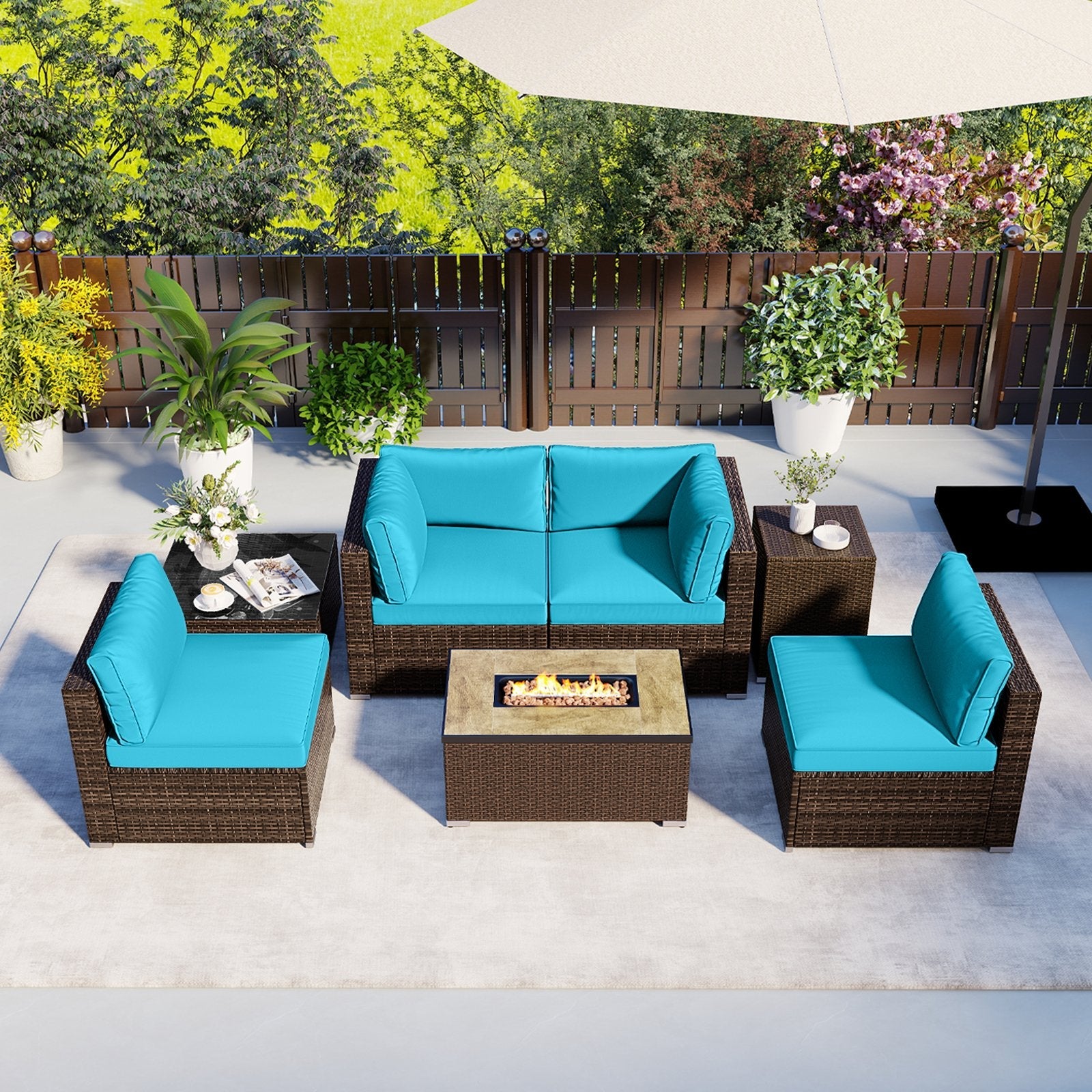 7 Pieces Outdoor Furniture Set with 32 Inch Fire Pit Table and Propane Tank Cover-Black