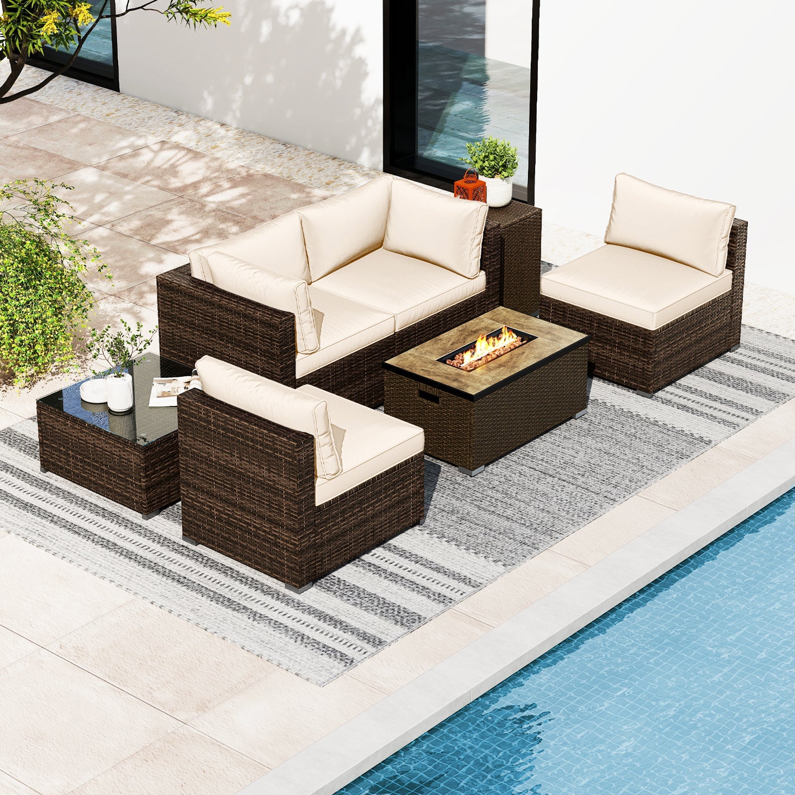 7 Pieces Outdoor Furniture Set with 32 Inch Fire Pit Table and Propane Tank Cover-Black