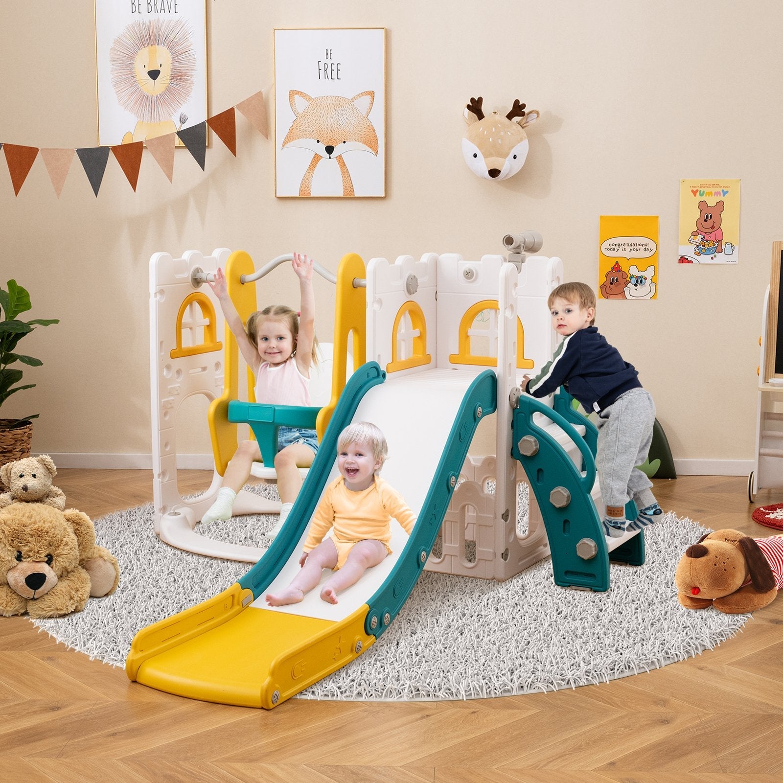 7-in-1 Toddler Swing and Slide Set L-shaped with Ladder and Basketball Hoop-Pink