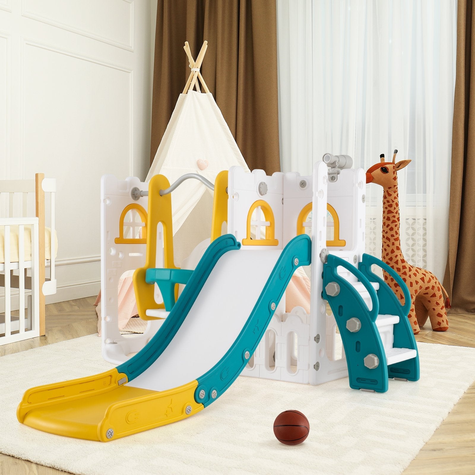 7-in-1 Toddler Swing and Slide Set L-shaped with Ladder and Basketball Hoop-Pink