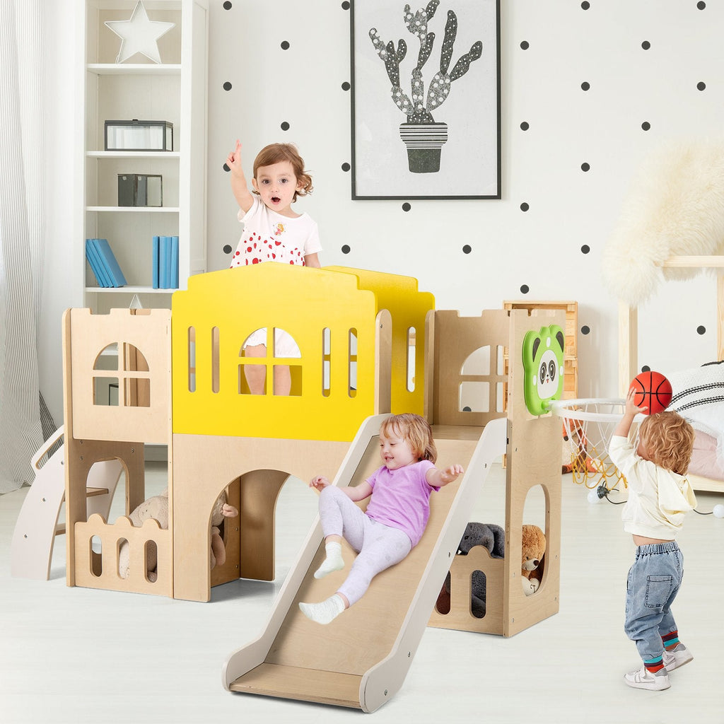 7-in-1 Toddler Slide Set for Kids with Climber and Basketball Hoop-Multicolor