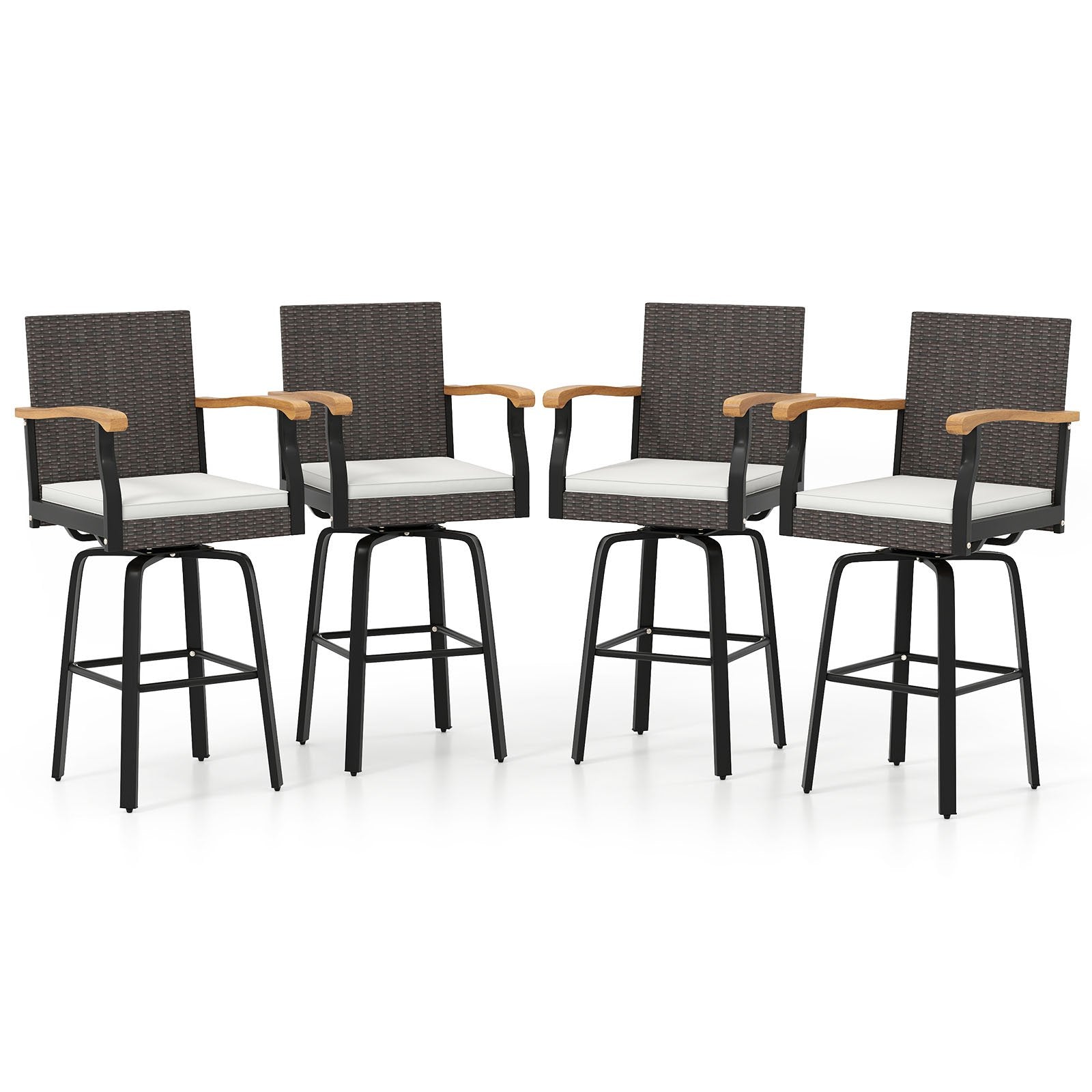 Set of 2 Outdoor 360° Swivel Bar Stool with Cushion and Acacia Wood Armrests