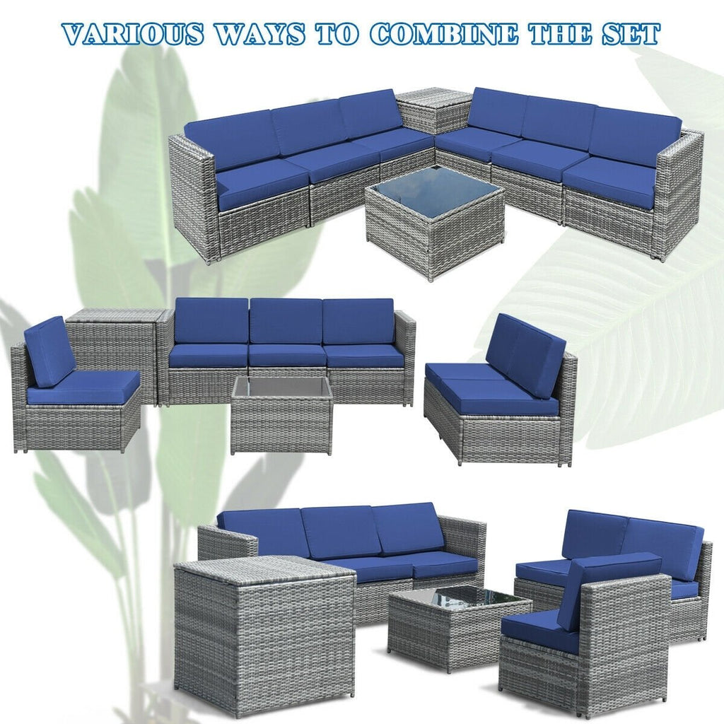8 Piece Wicker Sofa Rattan Dinning Set Patio Furniture with Storage Table-Black