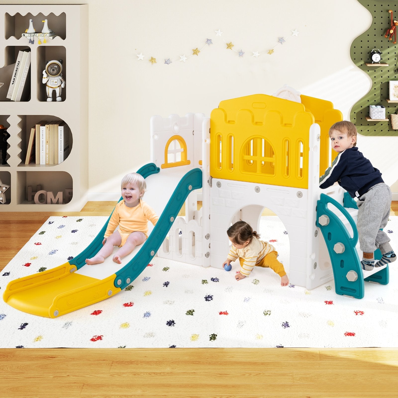 9-in-1 Toddler Slide L-Shaped with Basketball Hoop and Steering Wheel-Gray