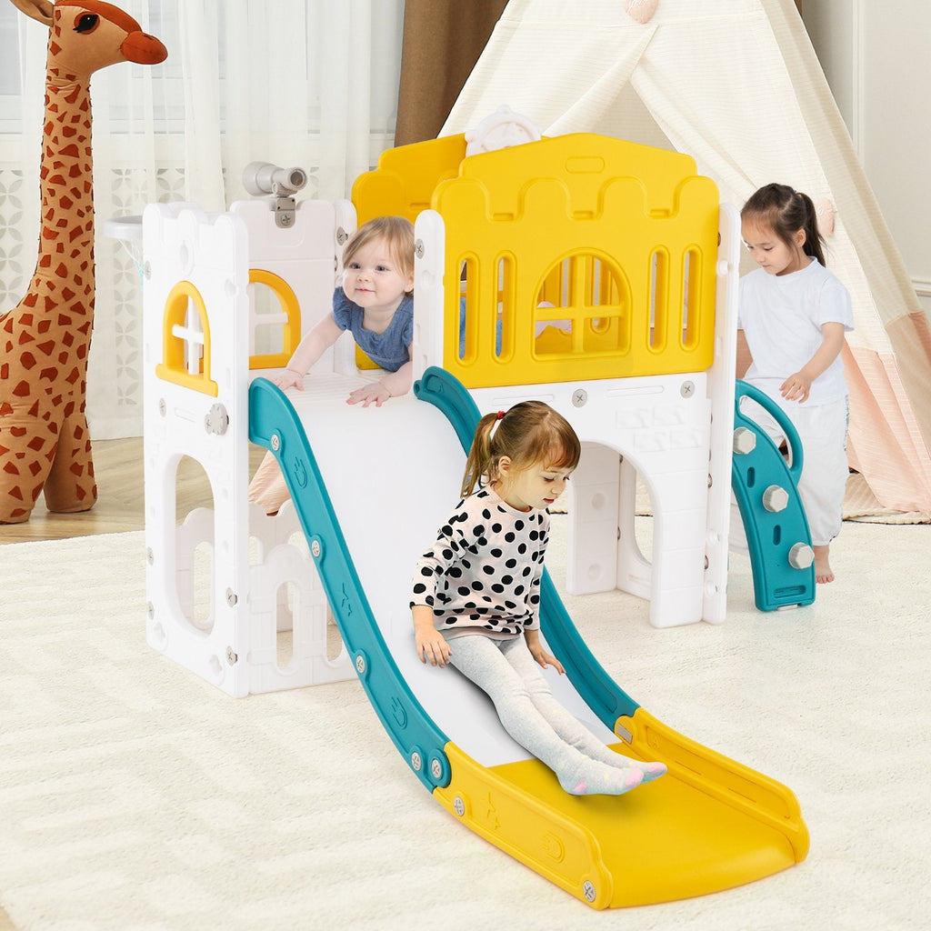 9-in-1 Toddler Slide L-Shaped with Basketball Hoop and Steering Wheel-Gray