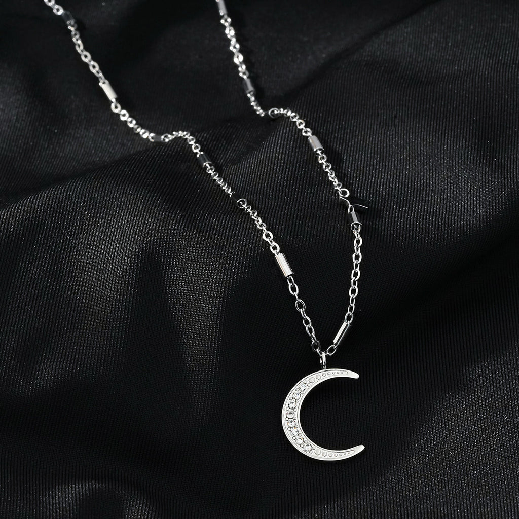 ALMERIA Silver (White Gold): Celestial Magic - Zirconia Embedded Crescent Moon and Star Necklace