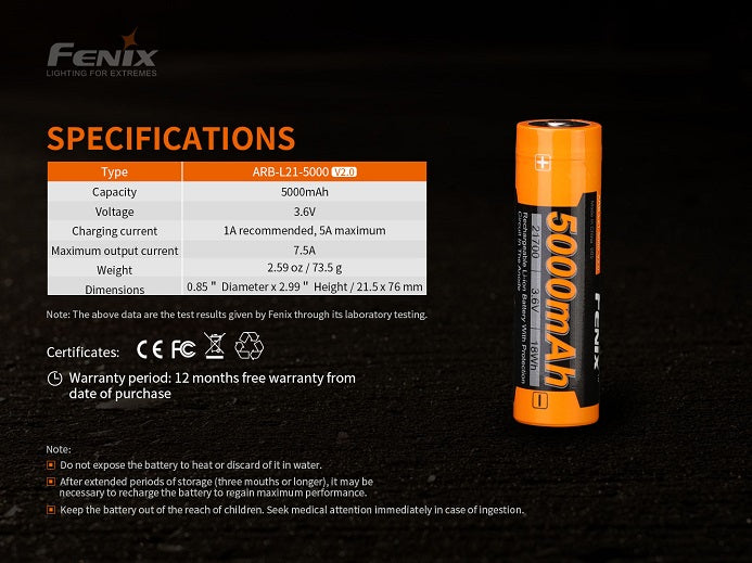 Fenix ARB-L21-5000 V2.0 Li-ion Rechargeable 21700 Battery