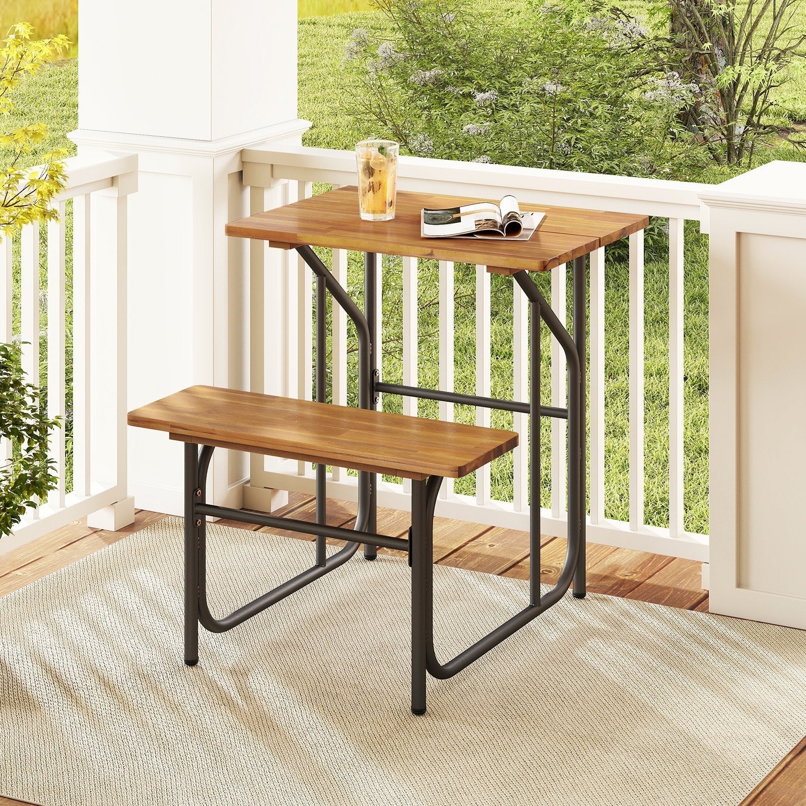 Acacia Wood Patio Table Bench Set One-Side Picnic Table and Seat