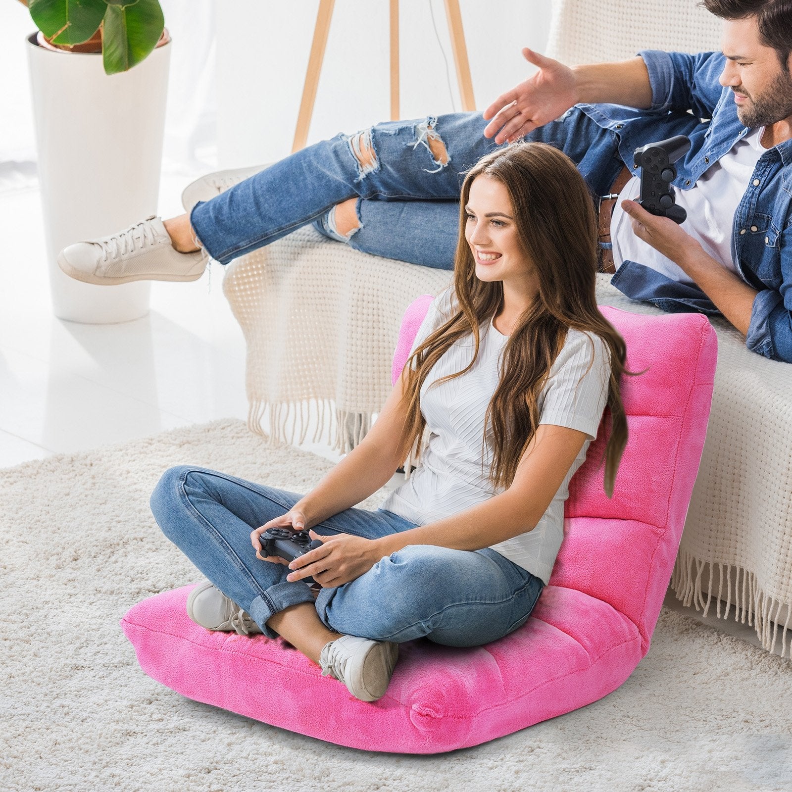 Adjustable 14-position Cushioned Floor Chair-Beige