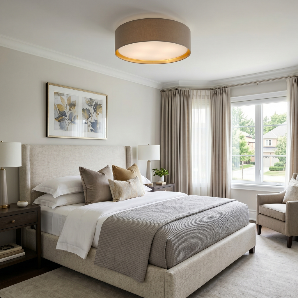BILBAO Gold Fabric Flush Mount Ceiling Light for Bedroom, Hallway & Living Room