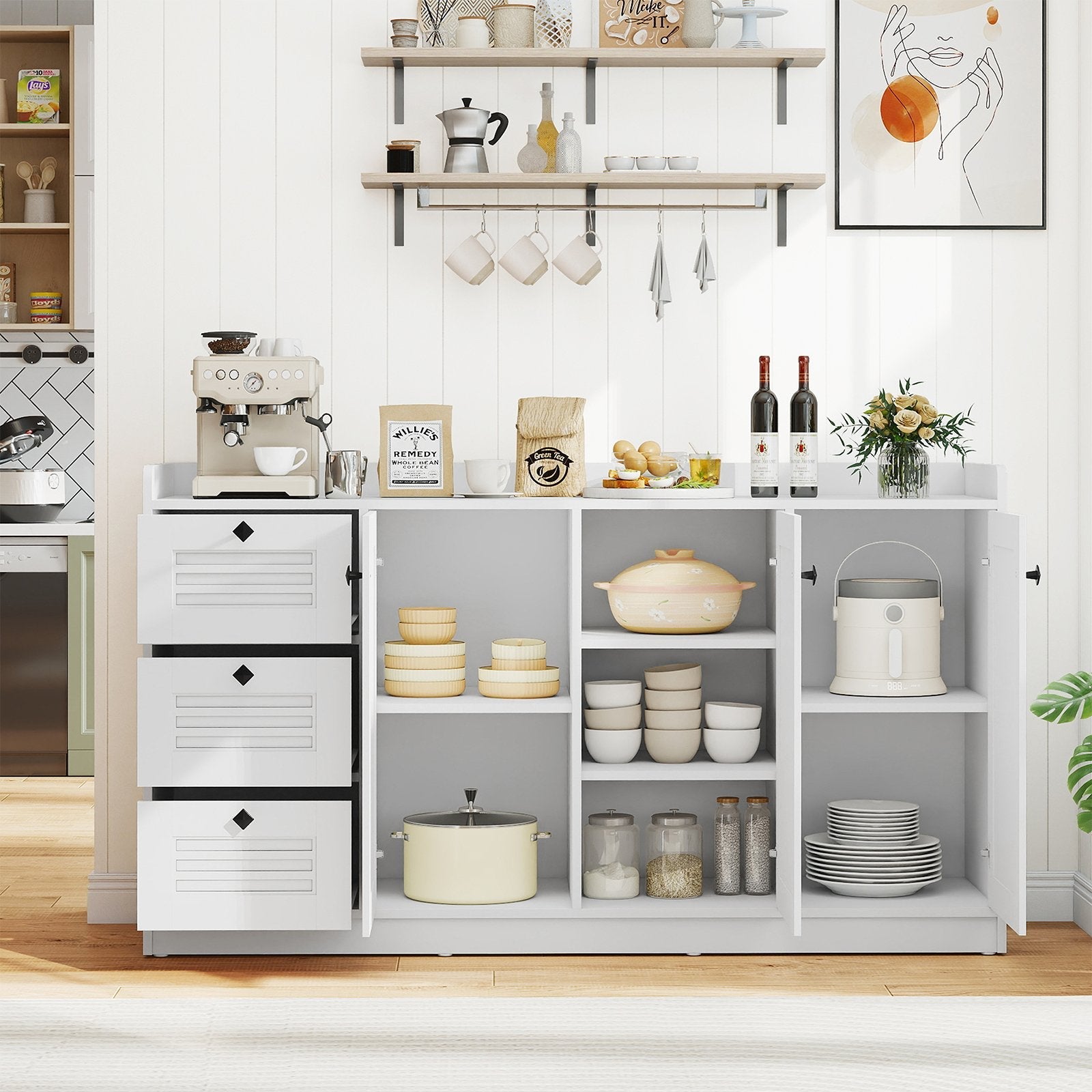 Buffet Cabinet with Storage Modern Sideboard Cabinet with 3 Doors-White