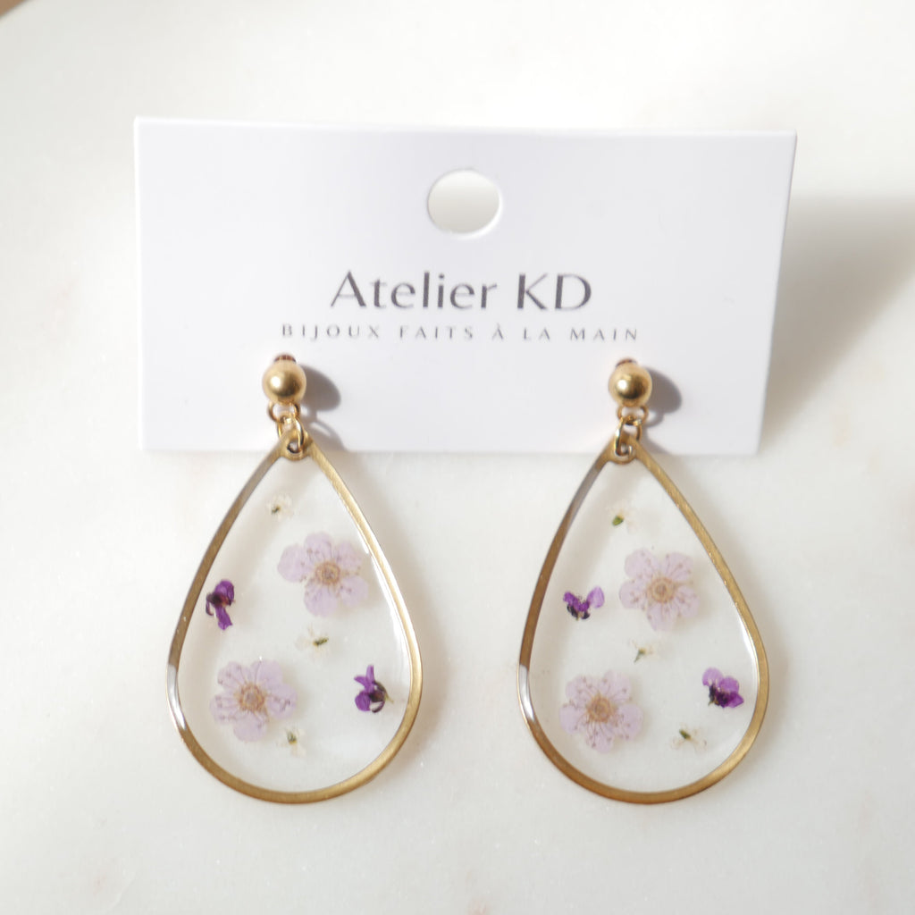 Boucles d'oreilles fleurs Violettes - goutte (XL 32mm)