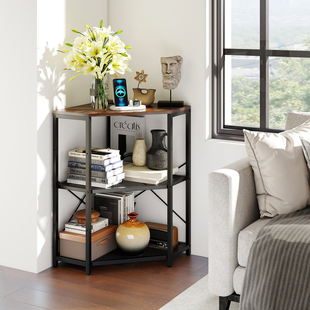 Corner Printer Stand with Power Outlet 3-Tier Storage Rack with Adjustable Shelf-Black