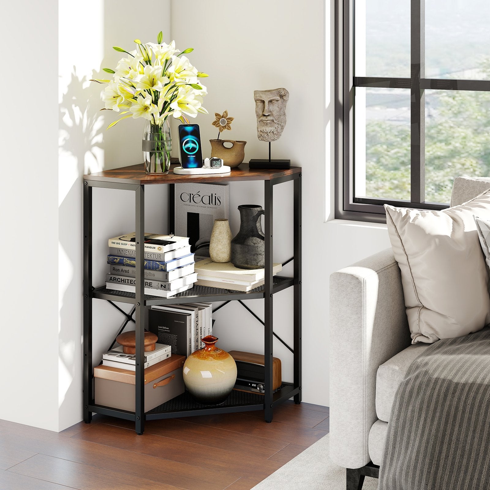 Corner Printer Stand with Power Outlet 3-Tier Storage Rack with Adjustable Shelf-Black