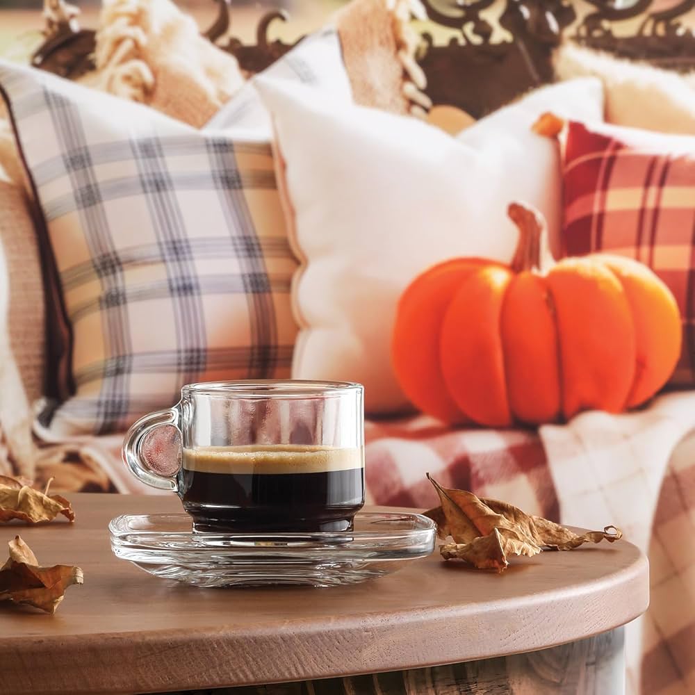 Stackable Glass Coffee Cup & Saucer 9 oz - LAV COZY - Set of 6+6