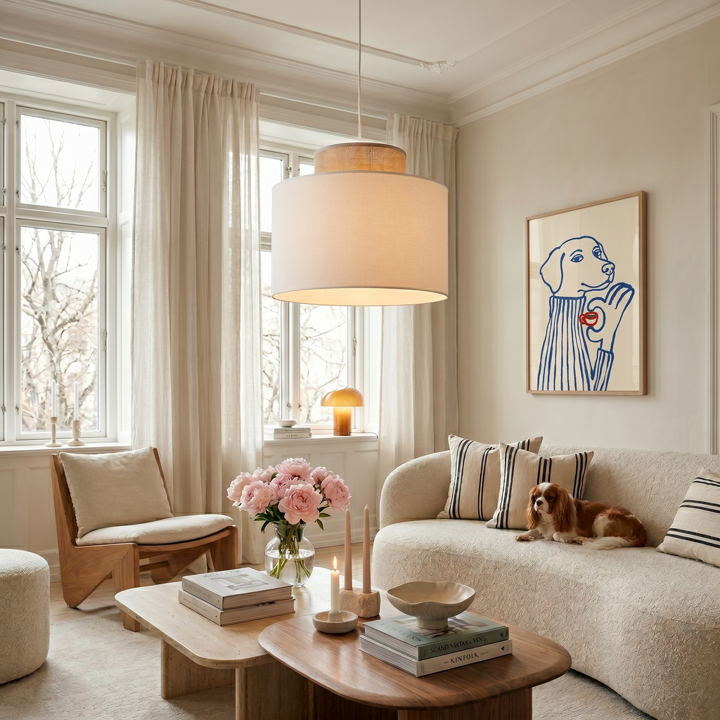 Duo White Jute Scandinavian Pendant Ceiling Light for Kitchen Island, Dining Room & Natural Interiors