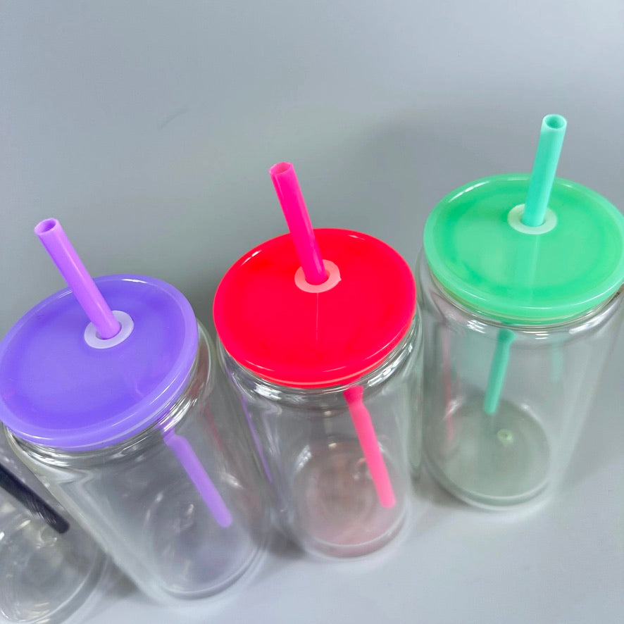 Snow Globe Glass Can with Color Lids - 16oz Double Wall Tumbler