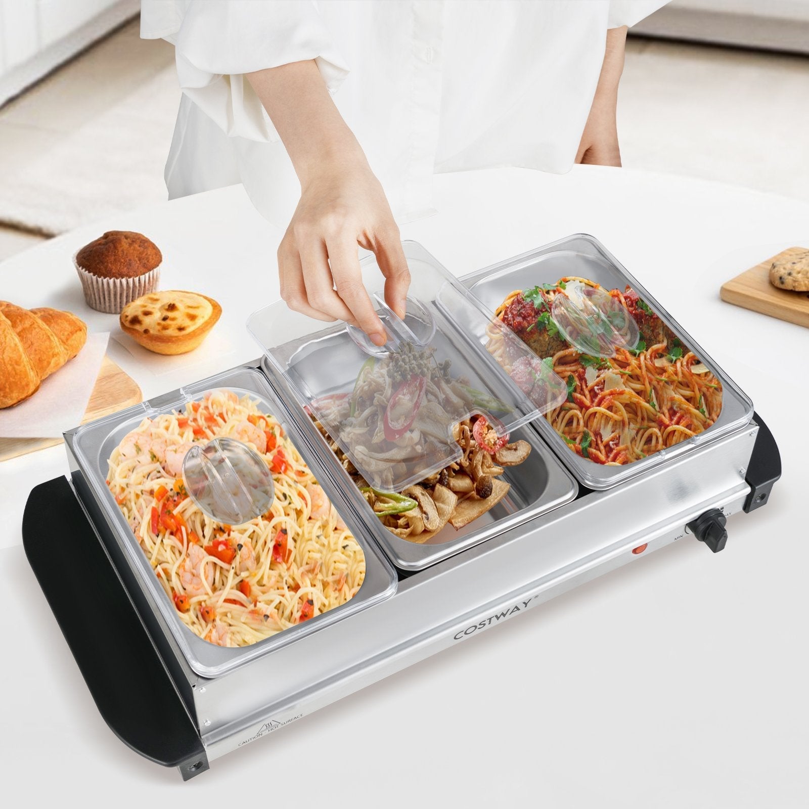 Electric Buffet Server Food Warmer with 3 Removable Trays