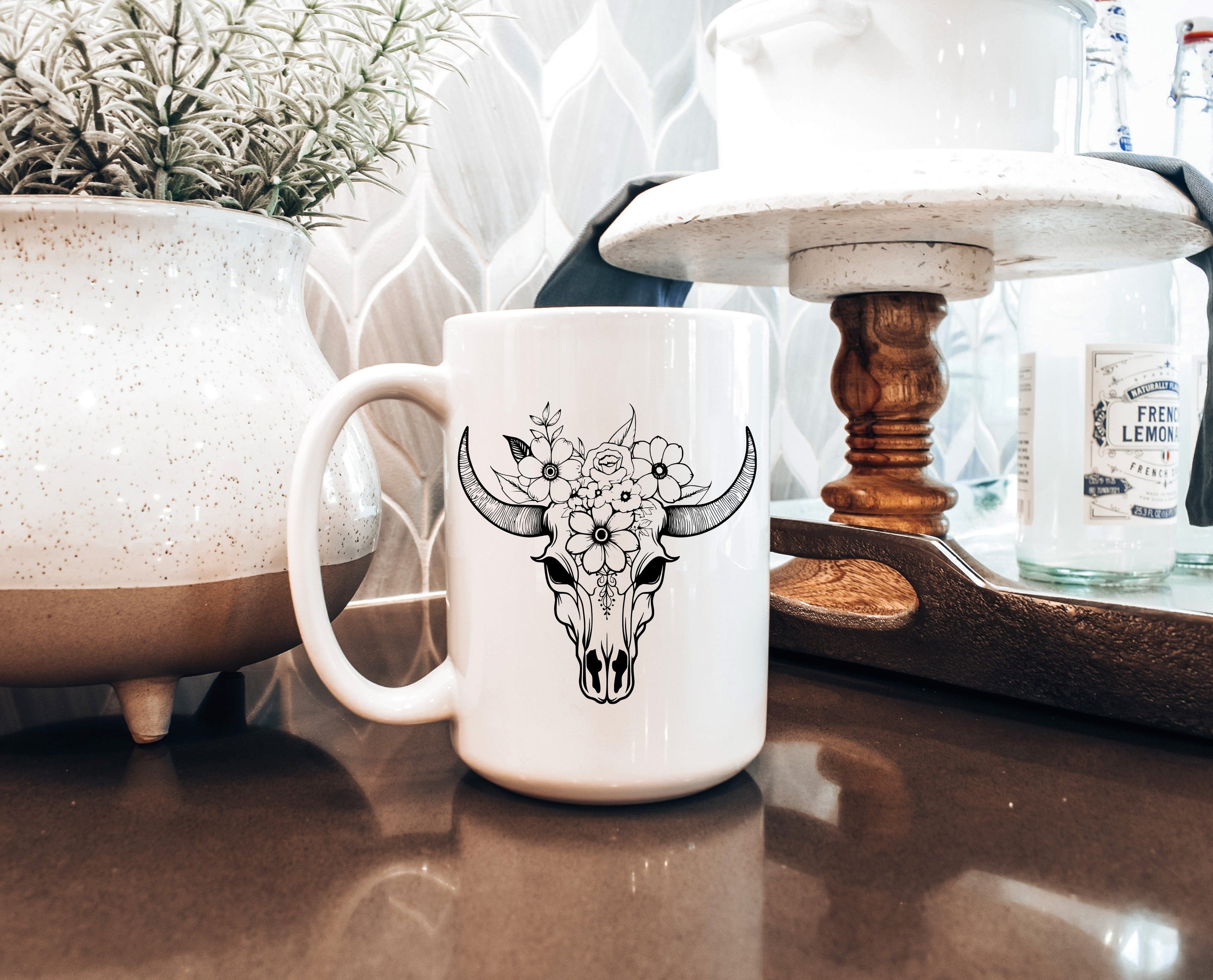 Floral Cow Skull | 15oz Ceramic Mug — Boho Cow Skull Mug with Floral Design