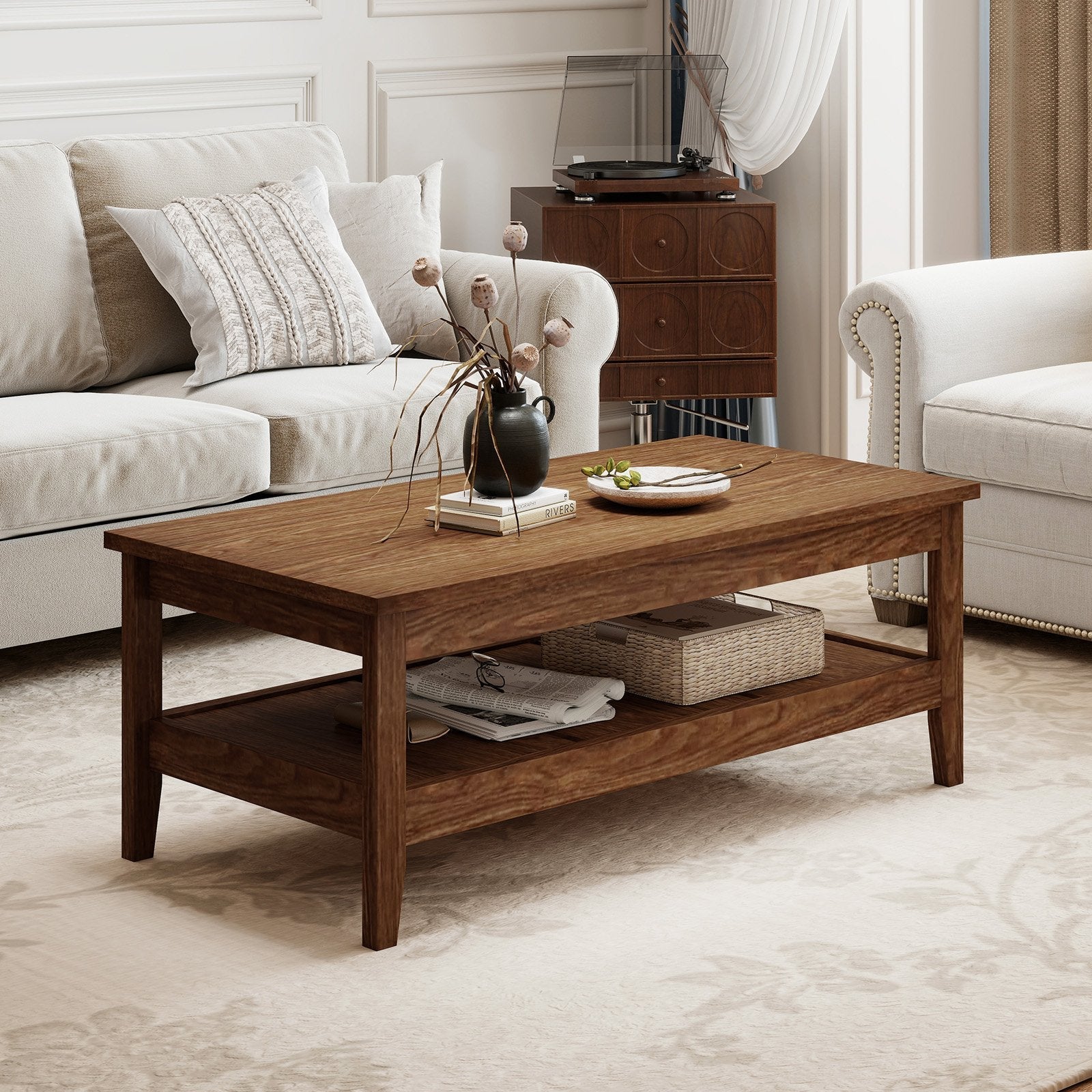 Farmhouse Coffee Table Rustic Cocktail Center Table with Thickened Tabletop-Blue