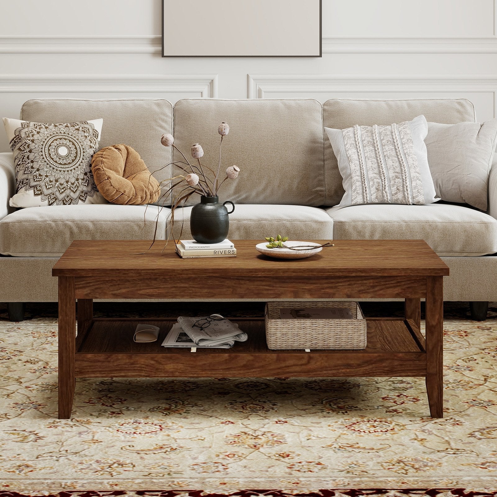 Farmhouse Coffee Table Rustic Cocktail Center Table with Thickened Tabletop-Blue