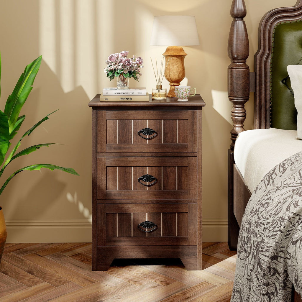 3 Drawers End Storage Wood Side Nightstand-Black