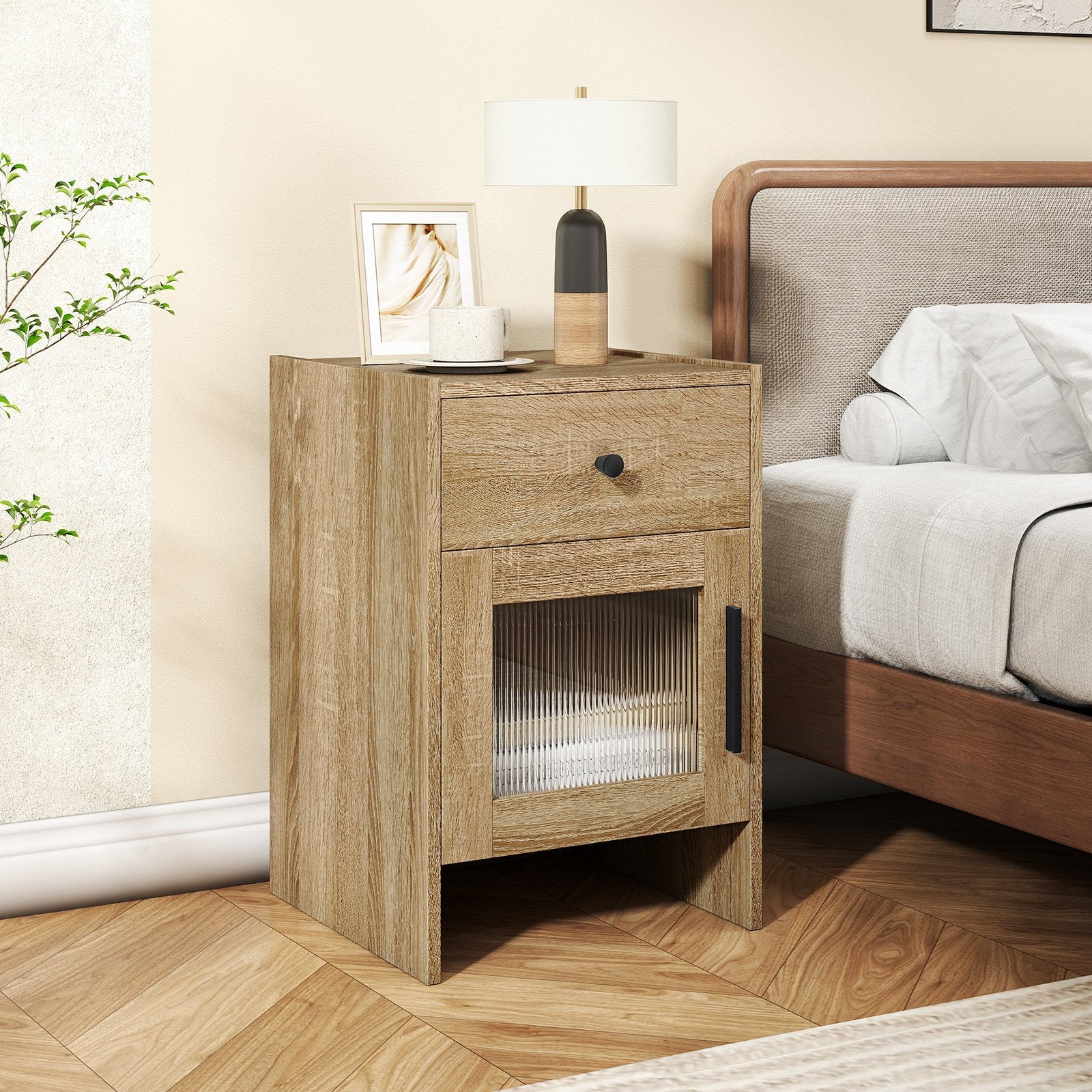 Farmhouse Sofa Side Table with Drawer and Cabinet-Antique Brush White