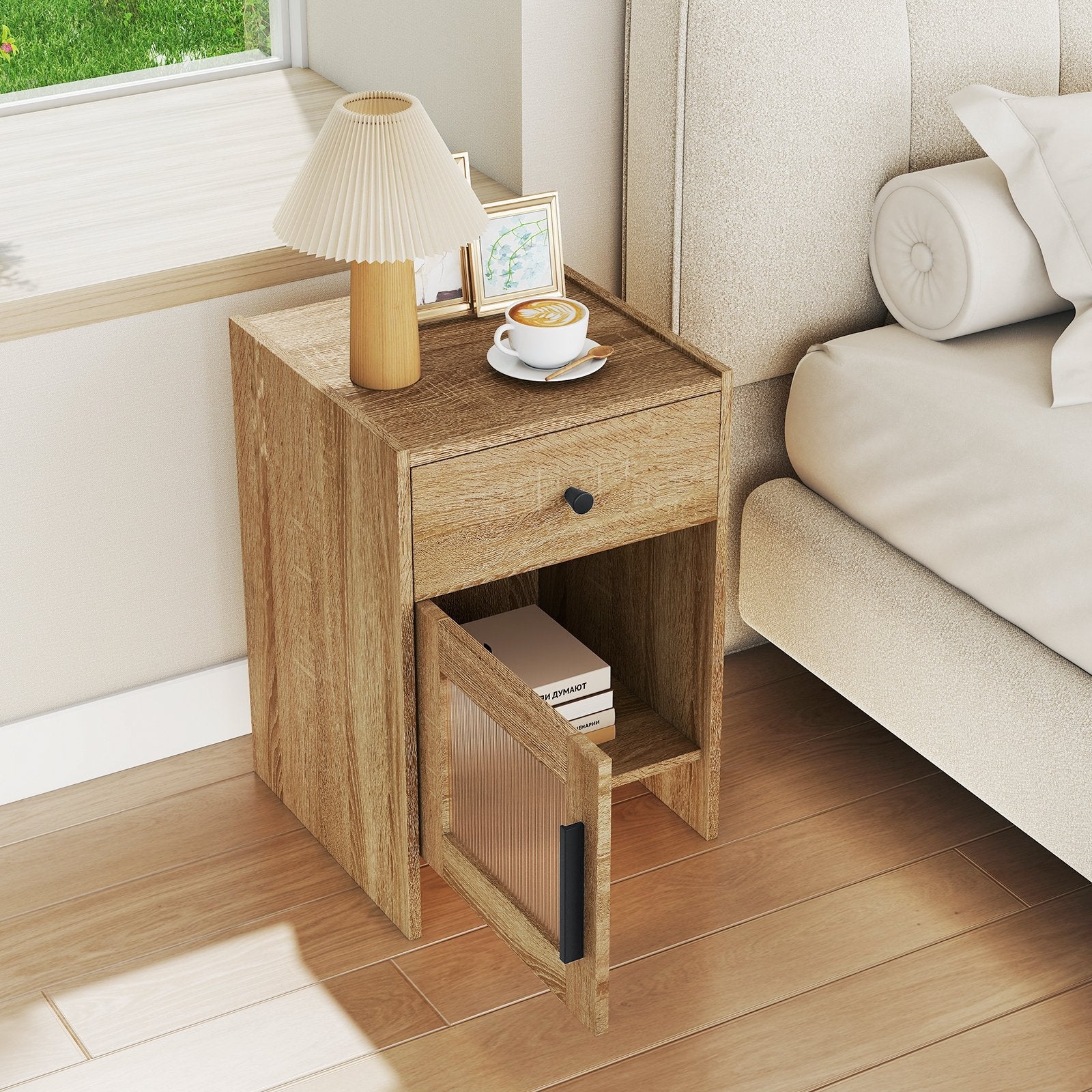 Farmhouse Sofa Side Table with Drawer and Cabinet-Antique Brush White