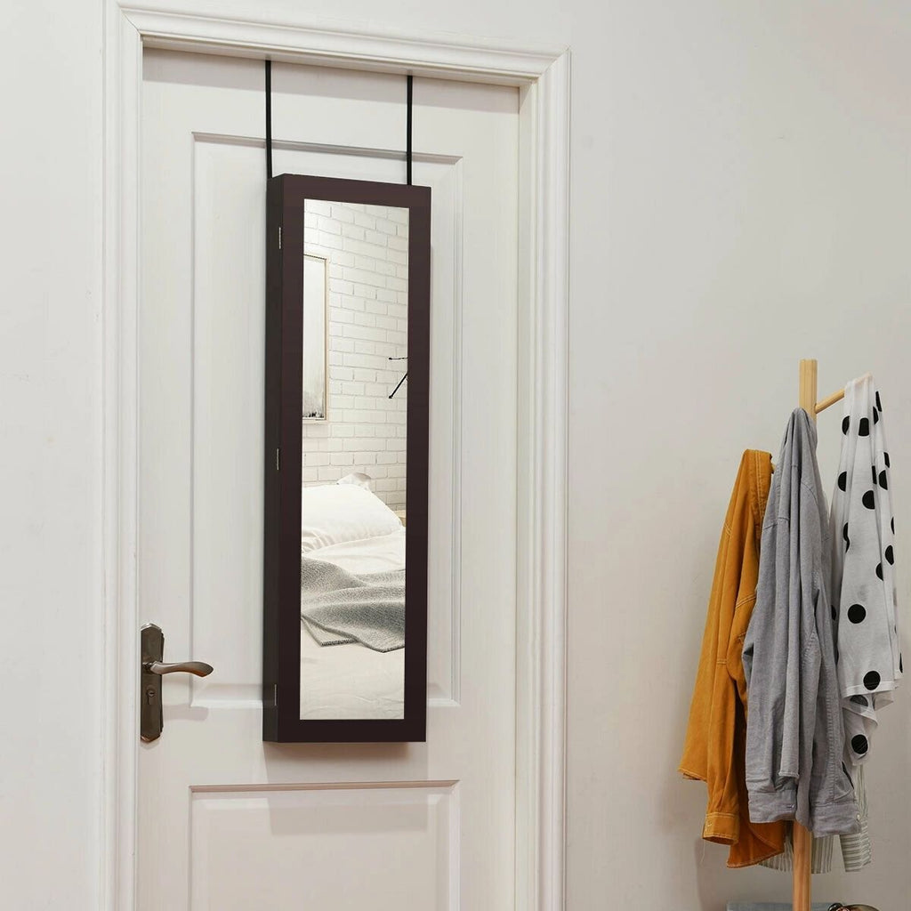 Full Length Mirror Jewelry Cabinet with Ring Slots and Necklace Hooks-Black