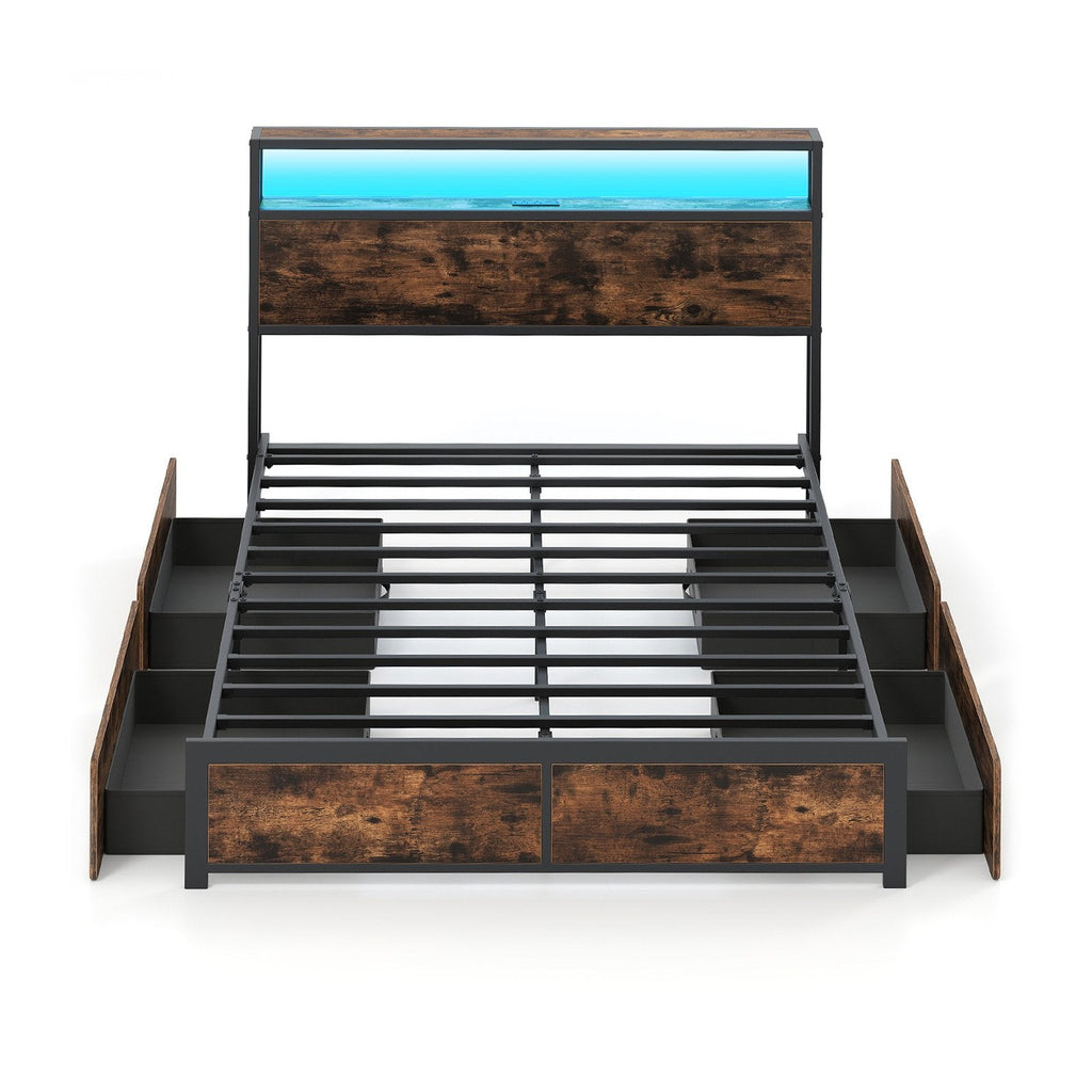 Full/Queen Size LED Bed Frame with Charging Station and 4 Storage Drawers-Queen