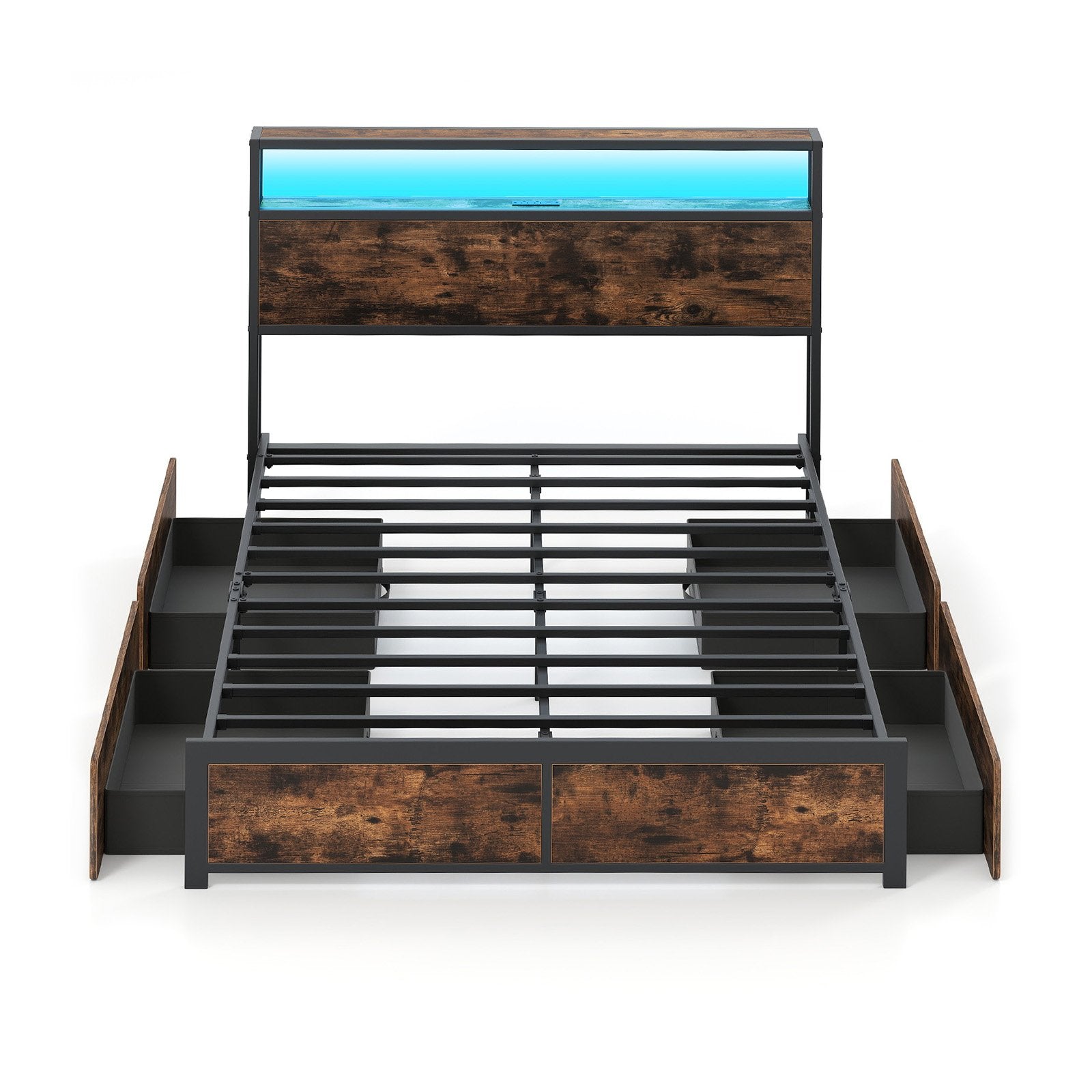 Full/Queen Size LED Bed Frame with Charging Station and 4 Storage Drawers-Queen