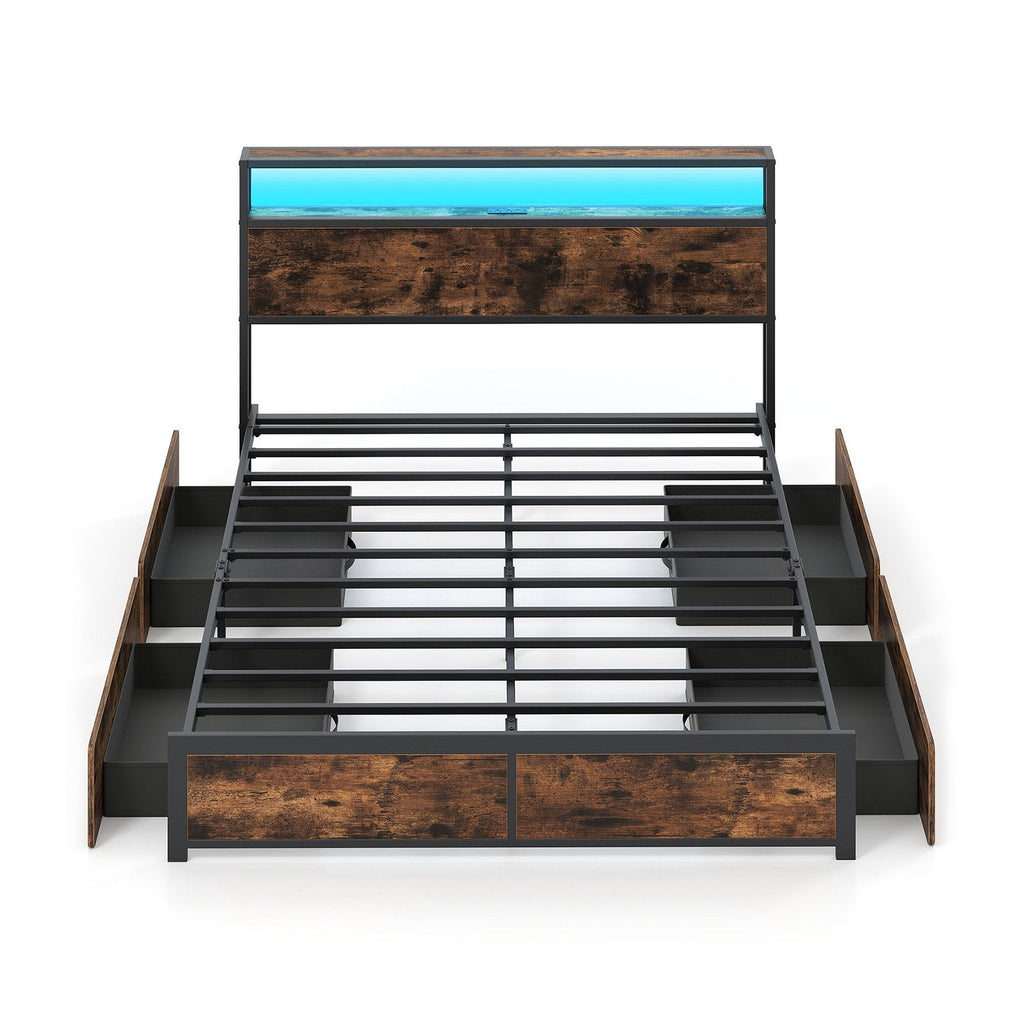 Full/Queen Size LED Bed Frame with Charging Station and 4 Storage Drawers-Queen